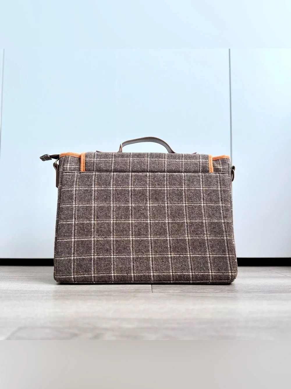 TYAKASHA Worm Hole Express Brown Plaid Tweed Satchel Laptop Bag